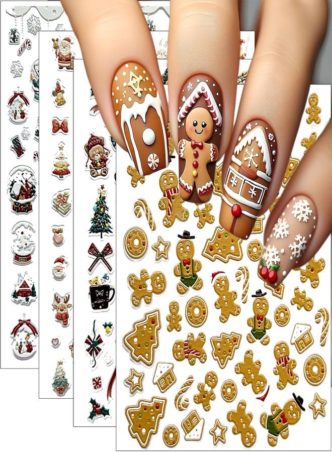 winthrop 4 Sheets Christmas Nail Stickers – Cute Gingerbread Man Snowman Santa Bear 5D Embossed Self-Adhesive Nail Art Decals for Women Girls Winter Holiday Manicure Decorations - Image 1